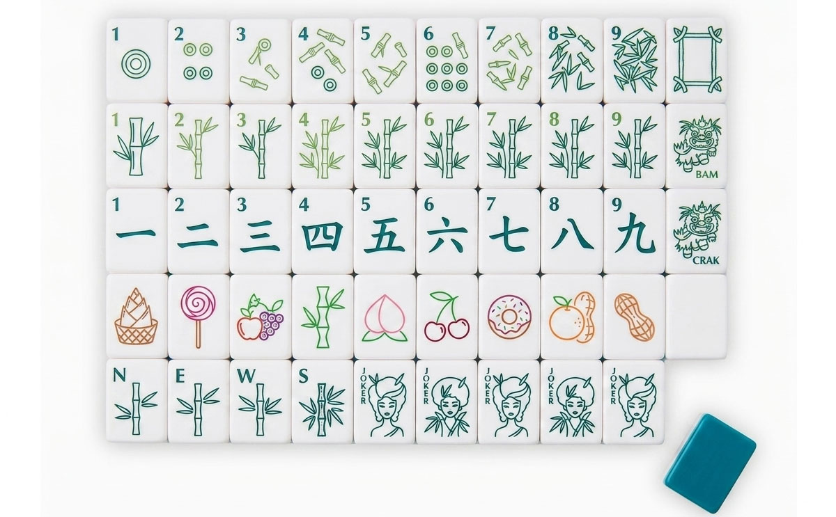 Bamboo Minimalist Teal-Back American Mahjong Set — Line-Art Suits — American Mahjong tile set pack shot