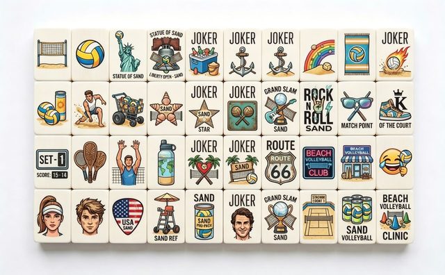 Beach Volleyball Sand American Mahjong Set — Sport Novelty Acrylic Tiles — American Mahjong tile set pack shot