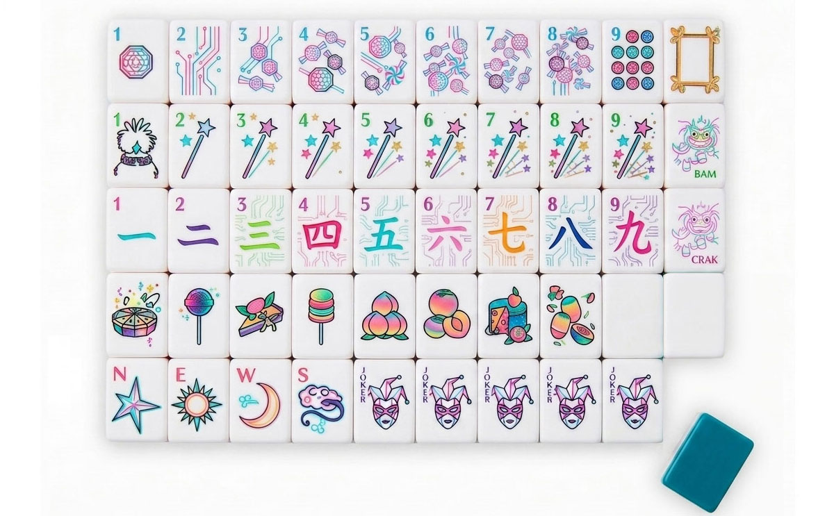 Cyber Candy Neon American Mahjong Set — Circuit & Sweet Motifs — American Mahjong tile set pack shot