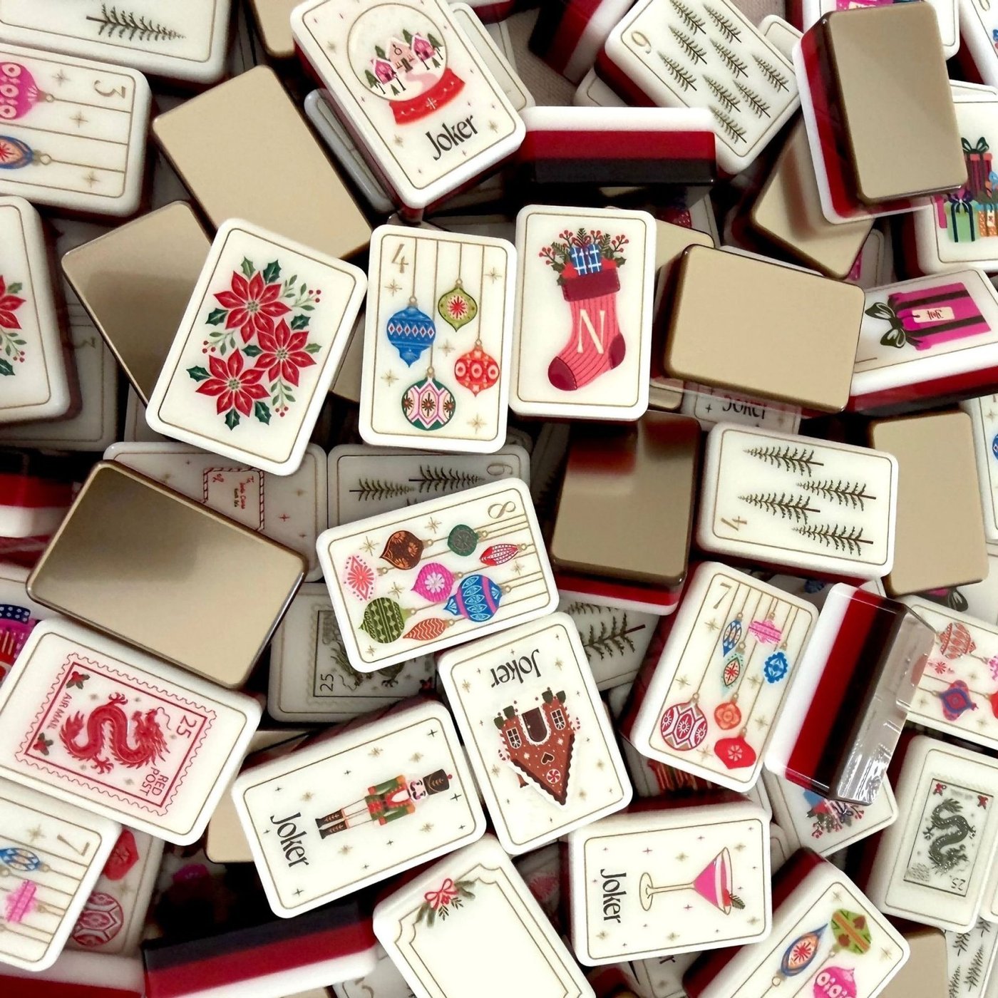 Gold Ornament Christmas American Mahjong Set — Mirror Back Layers — American Mahjong tile set pack shot