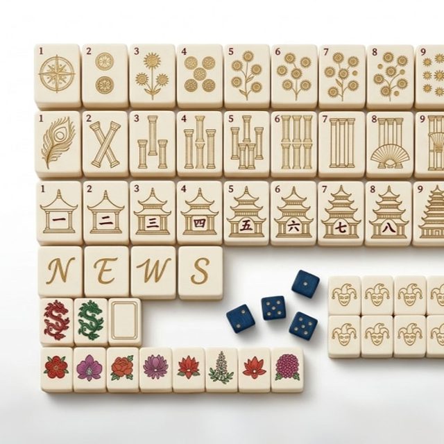Gold Pagoda Peacock American Mahjong Set — Art-Deco Inspired Suits — American Mahjong tile set pack shot