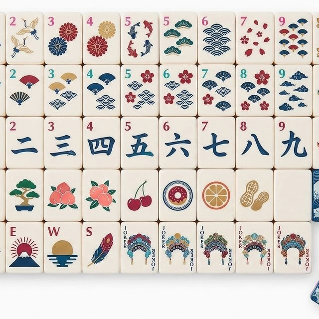 Japanese Fuji Wave American Mahjong Set — Ukiyo-e Inspired Faces — American Mahjong tile set pack shot