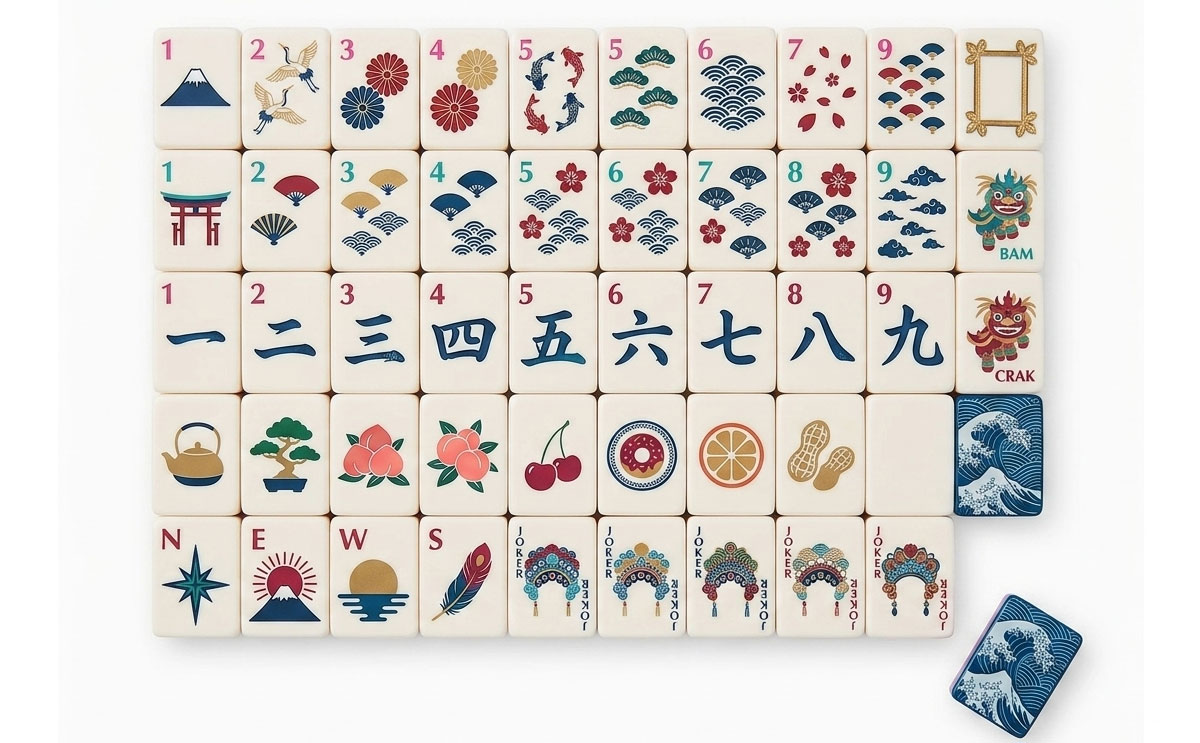 Japanese Fuji Wave American Mahjong Set — Ukiyo-e Inspired Faces — American Mahjong tile set pack shot