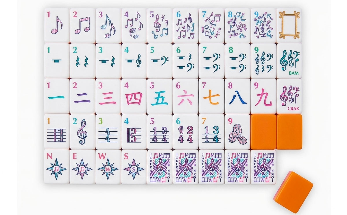 Music Notes Orange-Back American Mahjong Set — Treble Clef Suits — American Mahjong tile set pack shot