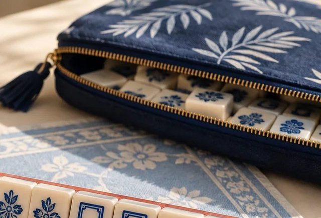 Navy Leaf Padded American Mahjong Soft Travel Case — American Mahjong accessory pack shot