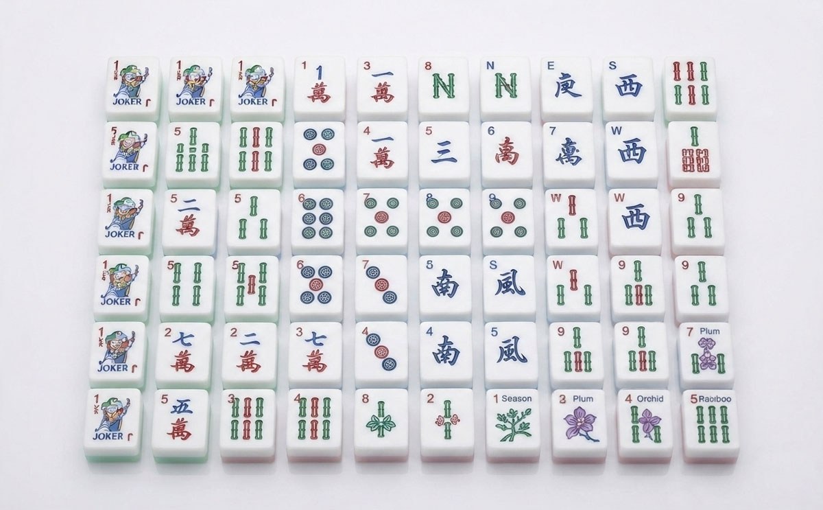 Pastel Mint Rose Jester American Mahjong Set — Soft Back Acrylic Tiles — American Mahjong tile set pack shot