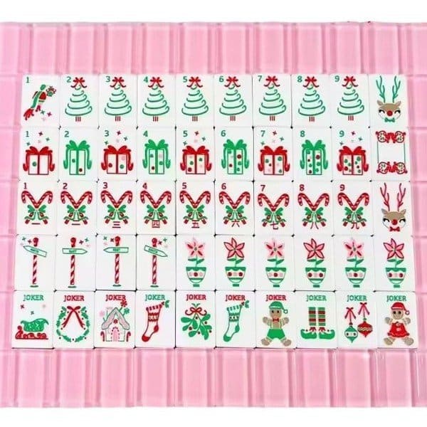 Pink Christmas Reindeer & Candy Cane Acrylic American Mahjong Set — American Mahjong tile set pack shot