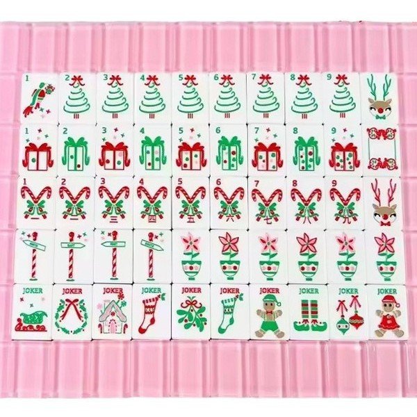 Pink Christmas Reindeer & Candy Cane Acrylic American Mahjong Set — American Mahjong tile set pack shot