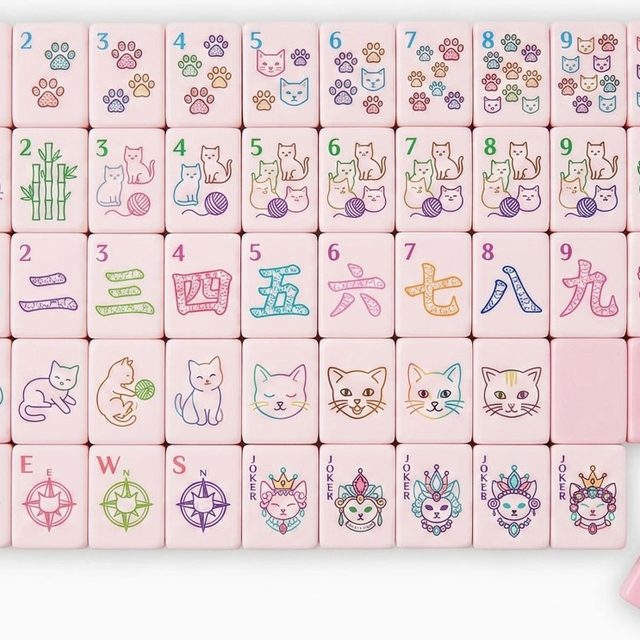 Pink Crowned Cat American Mahjong Set — Cat Faces & Tiara Jokers — American Mahjong tile set pack shot