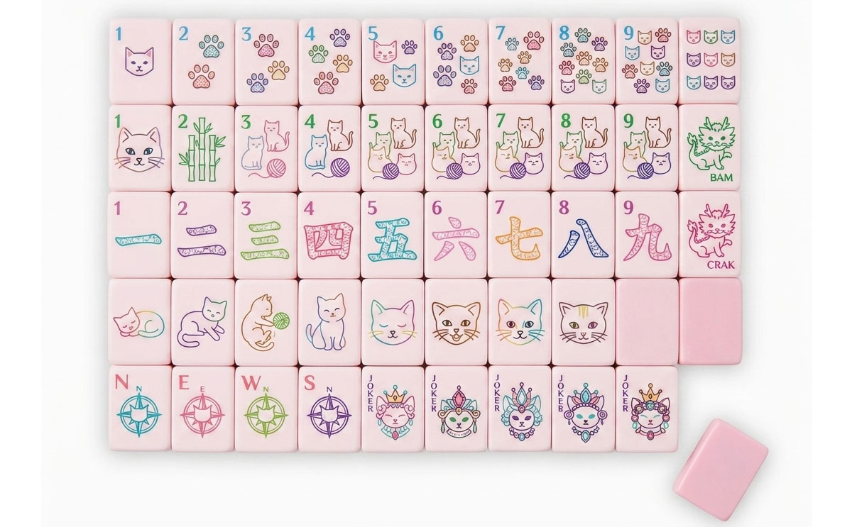 Pink Crowned Cat American Mahjong Set — Cat Faces & Tiara Jokers — American Mahjong tile set pack shot