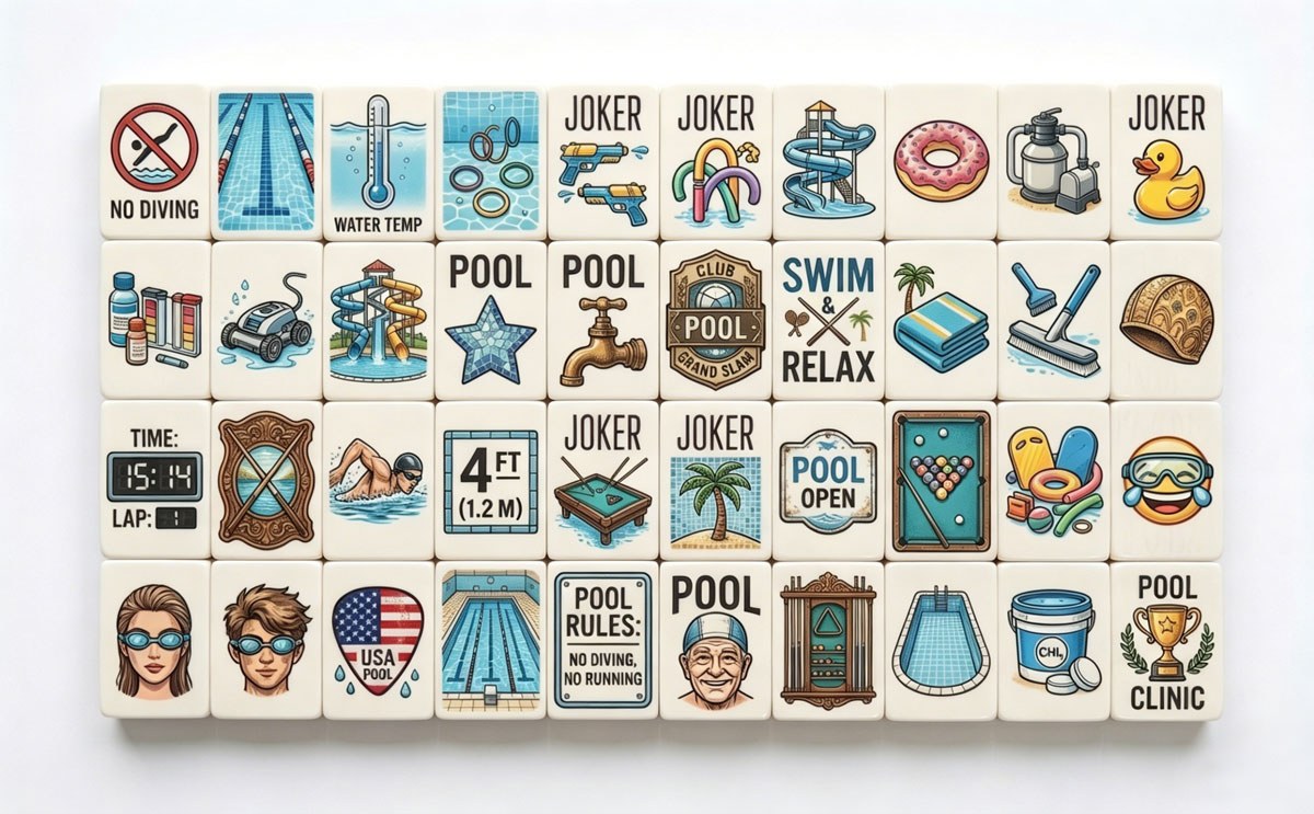 Pool Club Swim American Mahjong Set — Summer Pool Acrylic Tiles — American Mahjong tile set pack shot
