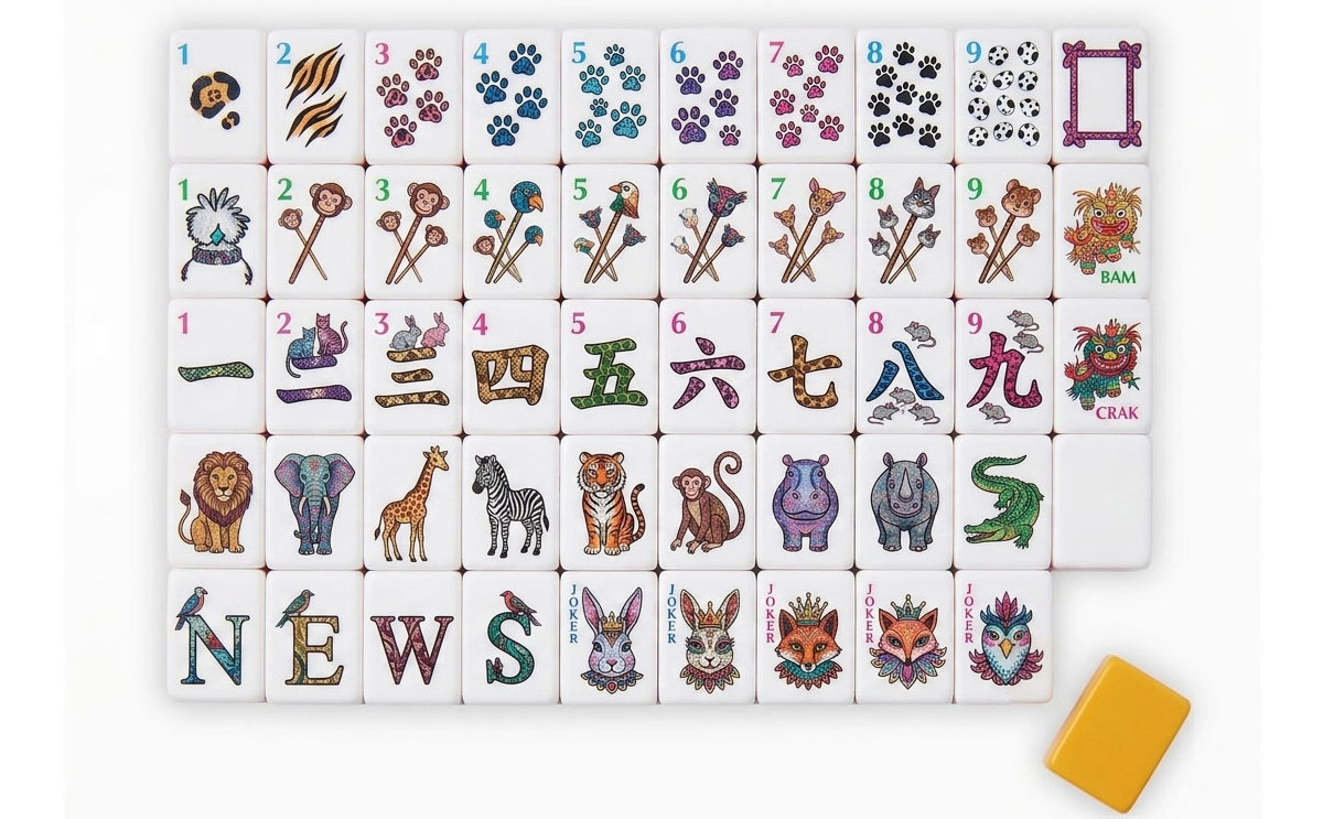 Safari Animal Kingdom American Mahjong Set — Illustrated Wildlife Tiles — American Mahjong tile set pack shot