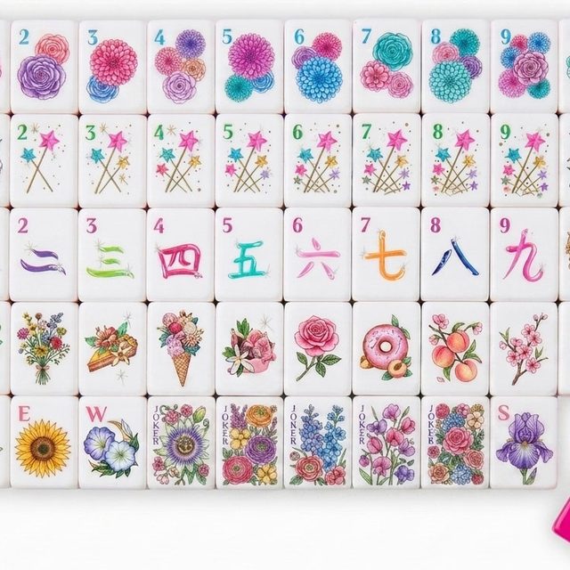 Secret Garden Floral Pink-Back American Mahjong Set — Watercolor Blooms — American Mahjong tile set pack shot