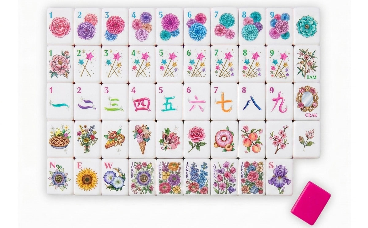 Secret Garden Floral Pink-Back American Mahjong Set — Watercolor Blooms — American Mahjong tile set pack shot