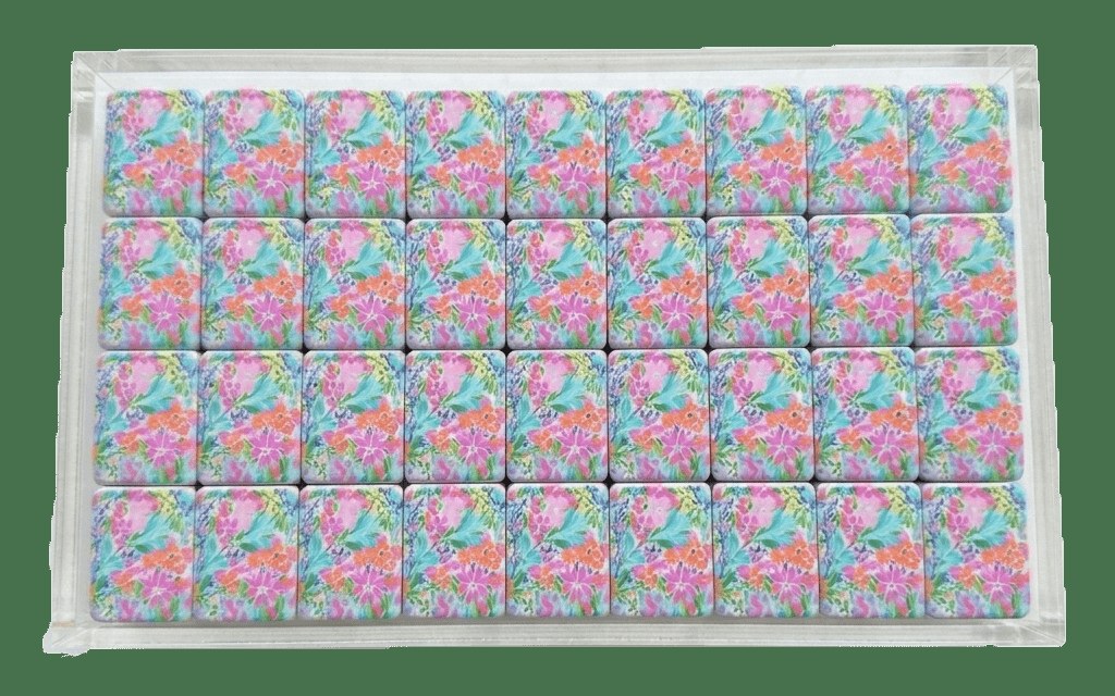 Tropical Blossom Back American Mahjong Set — Bright Floral Tile Backs — American Mahjong tile set pack shot